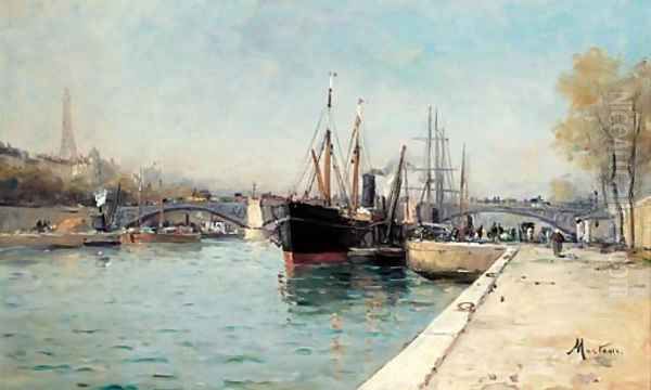 Shipping on the Seine at Le Pont d'Alma, The Eiffel Tower beyond Oil Painting by Charles Mertens