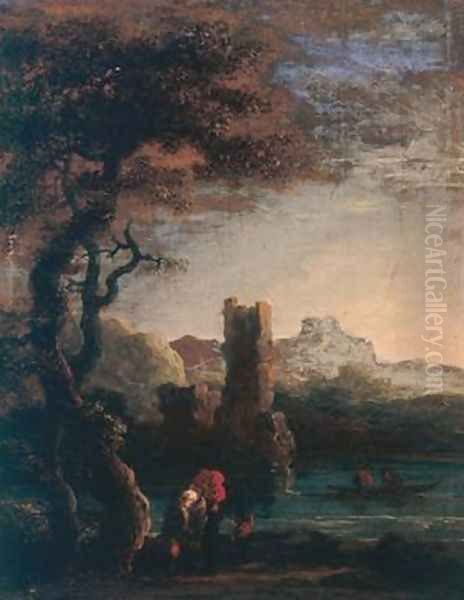 Landscape with tower figures and boat Oil Painting by Jan de Momper