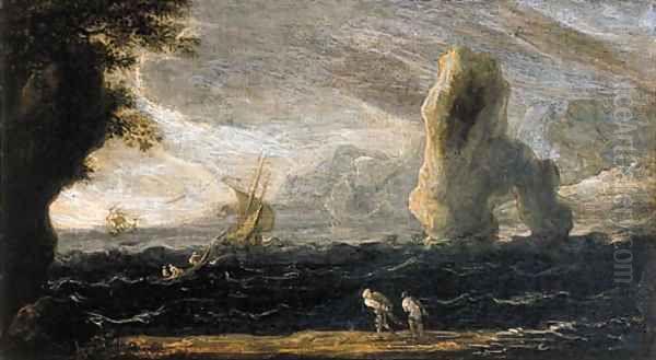 A rocky coastal landscape with fishermen hauling in their nets, as a storm approaches Oil Painting by Jan de Momper