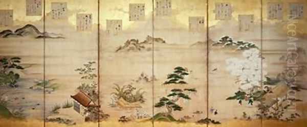 Six panel screen with birds and flowers of the twelve months Oil Painting by Tosa Mitsunari