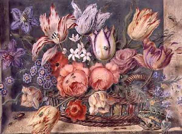 Flowers in a Basket with Frogs and Insects 1634 Oil Painting by Jacob Marrel