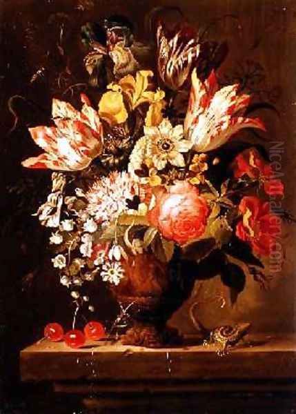 Still Life of Flowers in a Vase with a Lizard on a Ledge Oil Painting by Jacob Marrel