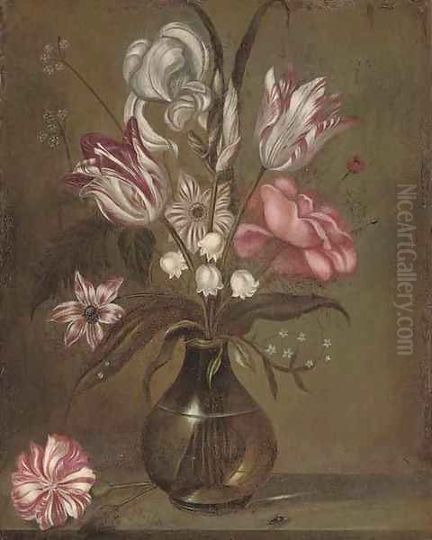 Parrot tulips, a rose, irises and other flowers in a glass vase on a stone ledge Oil Painting by Jacob Marrel