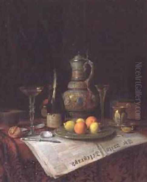 Still Life with a bottle of Champagne 1882 Oil Painting by Josef Mansfeld