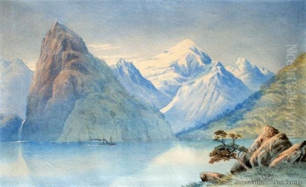 Stirling Falls & Lion Rock, Milfordsound Oil Painting by John Barr Clarke Hoyte