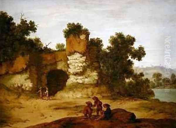 A rocky landscape with travellers resting Oil Painting by Jacobus Sibrandi Mancadan