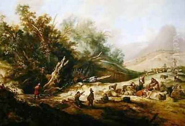 Hilly landscape with shepherds and their herd near a stream Oil Painting by Jacobus Sibrandi Mancadan