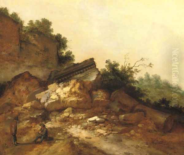 A rocky landscape with two peasants conversing near classical ruins Oil Painting by Jacobus Sibrandi Mancadan