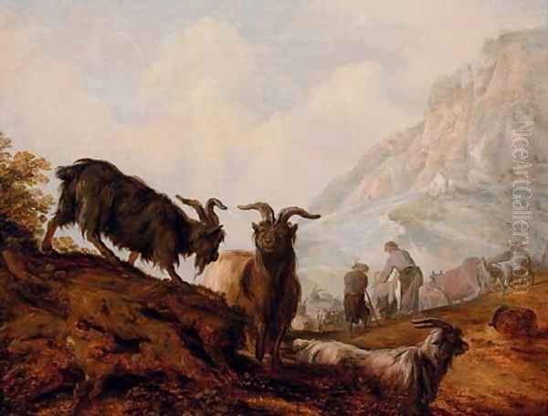 Peasants and goats in a mountainous landscape Oil Painting by Jacobus Sibrandi Mancadan