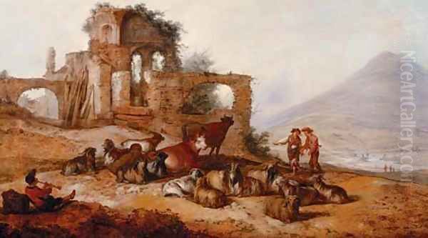 Peasants with livestock by classical ruins in an extensive landscape, with a youth playing a pipe in the foreground Oil Painting by Jacobus Sibrandi Mancadan