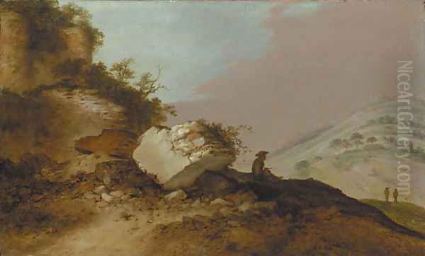 An extensive rocky landscape with a traveller resting on an outcrop below a castle Oil Painting by Jacobus Sibrandi Mancadan