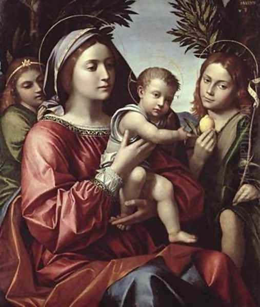 The Virgin and Child St John the Baptist and an Angel Oil Painting by Paolo (Il Cavazzola) Morando