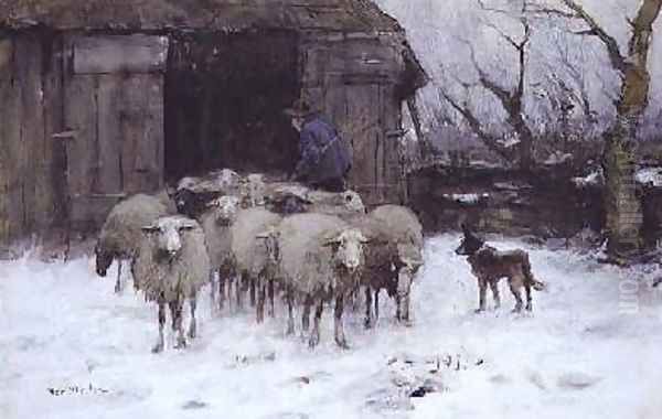 Sheep on a Winters Morning Oil Painting by Francois Pieter ter Meulen