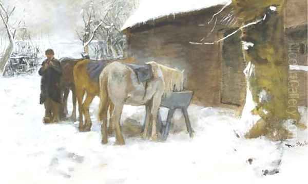 Feeding the horses in winter Oil Painting by Francois Pieter ter Meulen