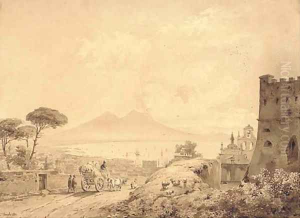 The Bay of Naples from Castel Sant'Elmo, Vesuvius seen in the distance Oil Painting by Johann Ulrich Mayr