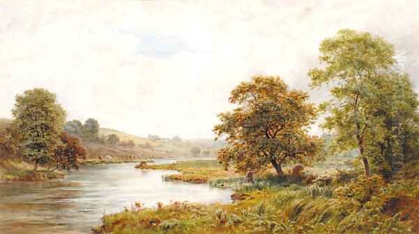 An extensive wooded river landscape with an angler in the foreground Oil Painting by Roberto Angelo Kittermaster Marshall