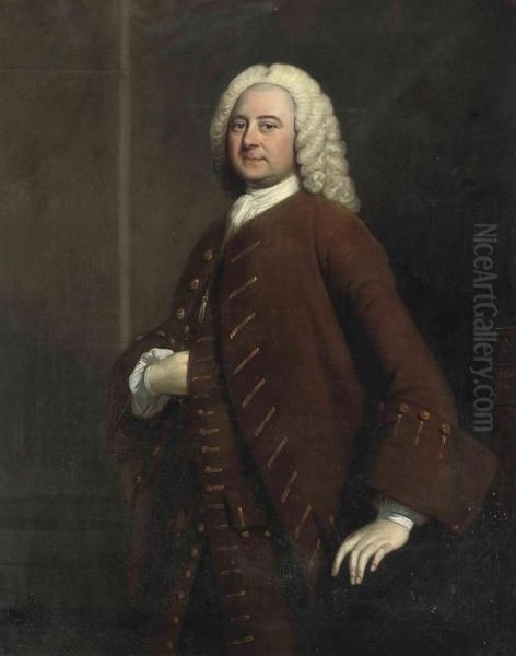 Portrait Of A Gentleman, 
Three-quarter-length, In A Rust Coat Withgold Trim, In An Interior Oil Painting by Thomas Hudson