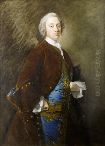 Portrait Of Assheton Curzon, 1st
 Viscountcurzon, Three-quarter-length, In A Brown Velvet Coat And 
Bluewaistcoat Trimmed With Gold, A Tricorn Hat Beneath His Leftarm Oil Painting by Thomas Hudson