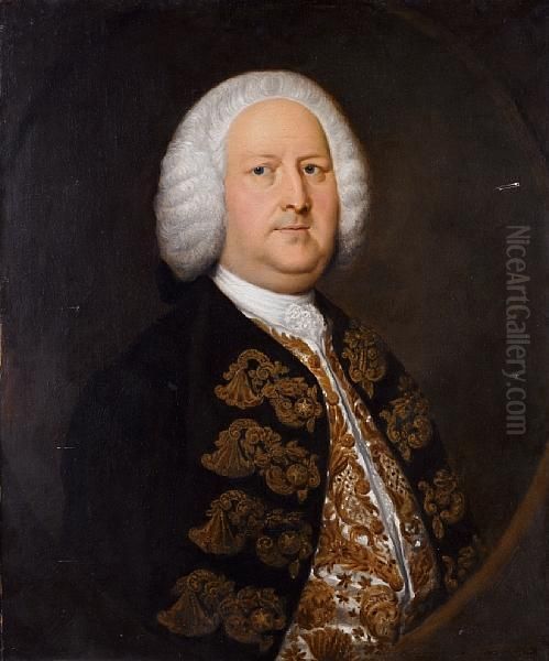 Portrait Of A Gentleman, 
Half-length, In A Blue Coat With A White, Embroidered Waistcoat, Within A
 Painted Stone Oval Oil Painting by Thomas Hudson