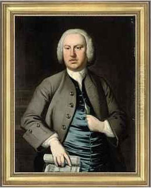 Portrait Of A Gentleman, Half-length, In A Grey Coat And Bluewaistcoat, Holding A Scroll Oil Painting by Thomas Hudson