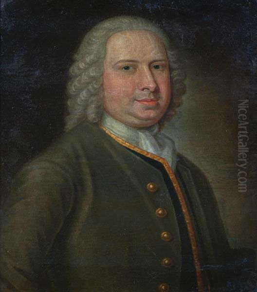 A Portrait Of A Gentleman Wearing Greenjacket, Stock And Wig, Bust Length Oil Painting by Thomas Hudson