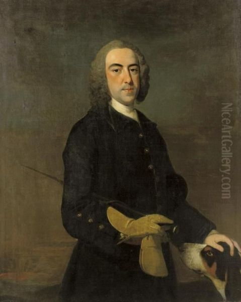 A Portrait Of A Gentleman, 
Standing Three-quarter-length, Wearing A Green Equestrian Coat And 
Holding A Riding Crop, With A Hound By His Side, In A Landscape Oil Painting by Thomas Hudson