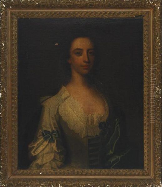 Young Dark Haired Woman In Lace And Ribbon-tied Gown With Silk Shawl Oil Painting by Thomas Hudson