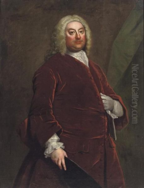 Portrait Of A Gentleman, Three-quarter-length, In A Red Velvet Coat Oil Painting by Thomas Hudson