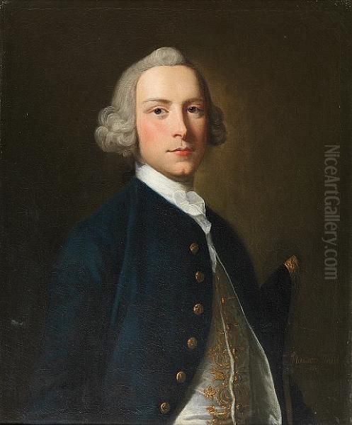 Portrait Of A Gentleman, Bust Length, Wearinga Blue Coat Oil Painting by Thomas Hudson