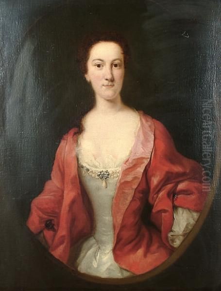 Portrait Of A Lady, Said To Be 
Caroline Digby, Half-length, In A White Dress With A Red Overdress In A 
Painted Oval Oil Painting by Thomas Hudson