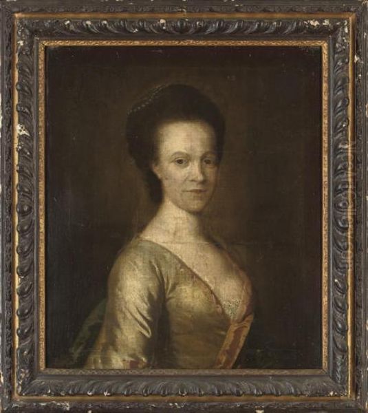 Portrait Of A Lady, Half-length,
 In An Oyster Satin Dress With Pink Trim And Pearls In Her Hair Oil Painting by Thomas Hudson