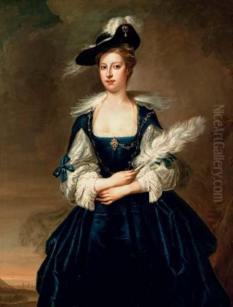 Portrait Of Elizabeth Dunch, 
Later Lady Oxenden, Three-quarter-length, Wearing A Blue Van Dyck Dress 
And Black Hat And Holding A White Feather Plume, Standing In A Landscape Oil Painting by Thomas Hudson