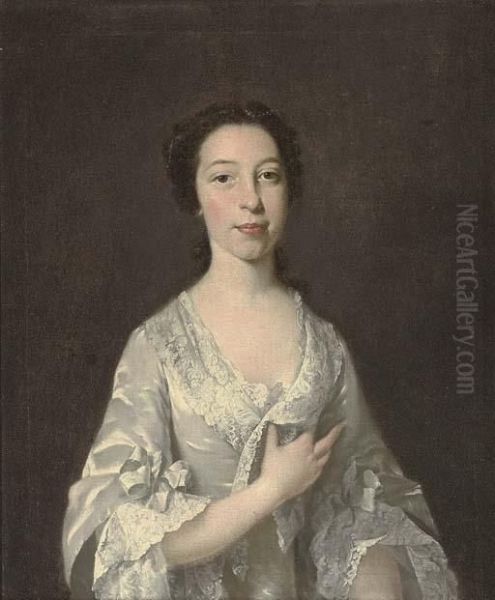 Portrait Of A Lady, Half-length,
 In An Oyster Satin Dress With Lace Trim, Pearls In Her Hair Oil Painting by Thomas Hudson