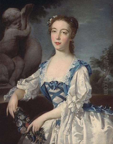 A Portrait Of A Lady, 
Three-quarter Length In A White Dress With Blue Ribbons Holding A 
Bouquet Of Flowers Oil Painting by Thomas Hudson