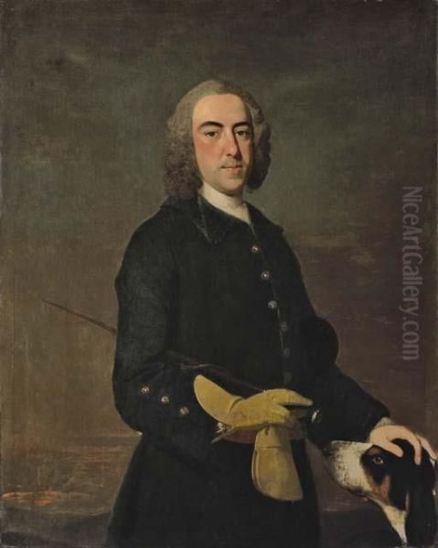 Portrait Of A Gentleman, 
Three-quarter-length, In A Green Coat, Holding A Riding Crop, With A 
Hound By His Side, In A Landscape Oil Painting by Thomas Hudson