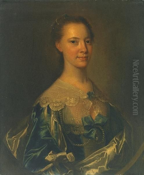 A Portrait Of Susanna Dacre, Half-length, Wearing A Blue Satin Dress With Blue Ribbons Oil Painting by Thomas Hudson