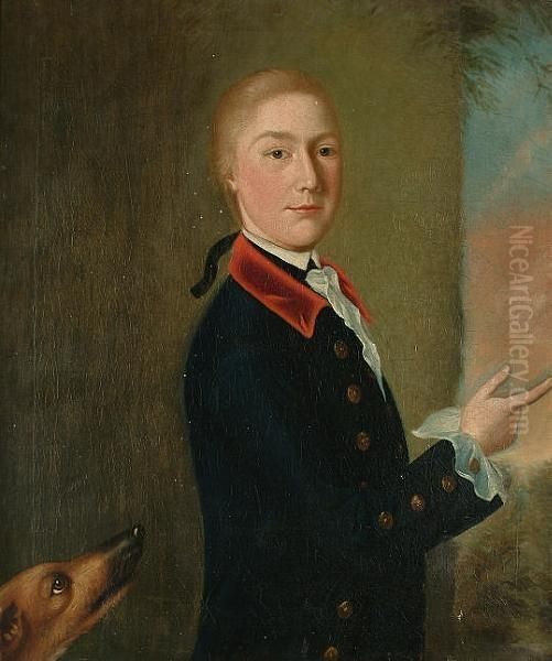 Portrait Of A Young Man, 
Half-length, Wearing A Black Coat With A Red Collar, A Dog Nearby. Oil Painting by Thomas Hudson