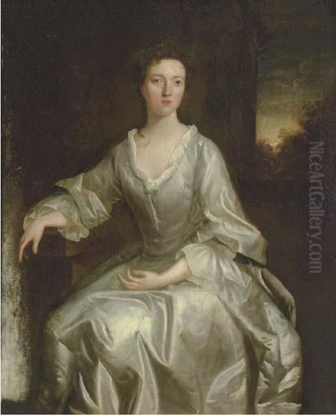 Portrait Of Lady Wroughton, Seated, With A Landscape Beyond Oil Painting by Thomas Hudson