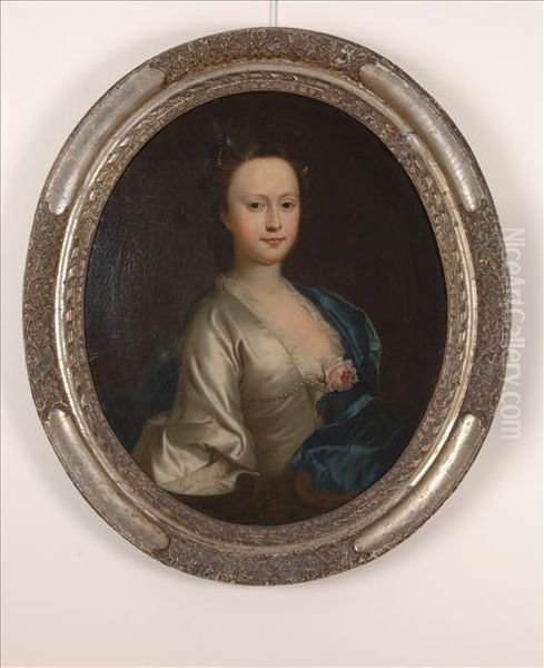 Portrait Of A Lady, Head And Shoulders, Wearing A Silver Dress Andblue Drape Oil Painting by Thomas Hudson