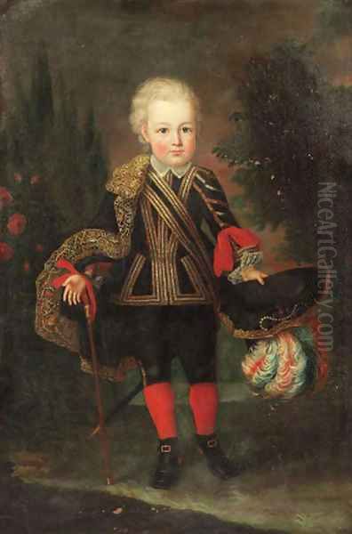 Portrait of a young boy, standing full length in a landscape, wearing a gold embroidered black costume with lace chemise Oil Painting by Anton Raphael Mengs