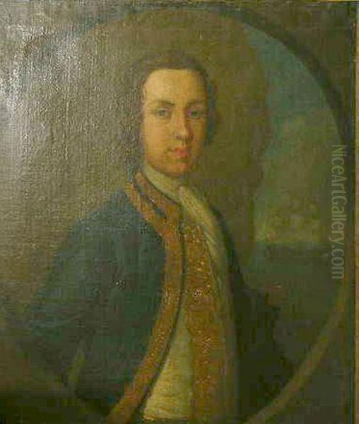 Portrait Of A Young Naval Officer In A Painted Oval, His Riggedship In The Background Oil Painting by Thomas Hudson