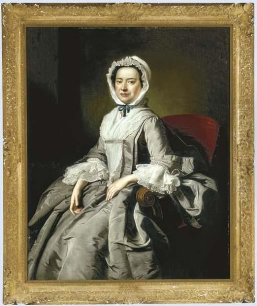 Portrait Of A Lady, Three-quarter Length, Seated In A Grey Silkdress And White Bonnet Oil Painting by Thomas Hudson