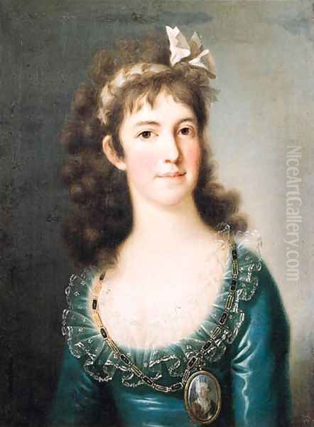 Portrait of a noblewoman, half length, wearing a blue dress with lace collar, a portrait miniature on a chain around her neck, a ribbon in her hair Oil Painting by Anton Raphael Mengs