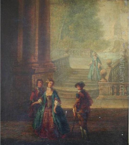 Elegant Company In A Colonnade Oil Painting by Jean-Baptiste Huet I