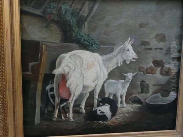 La Chevre Et Ses Chevreaux. Oil Painting by Jean-Baptiste Huet I