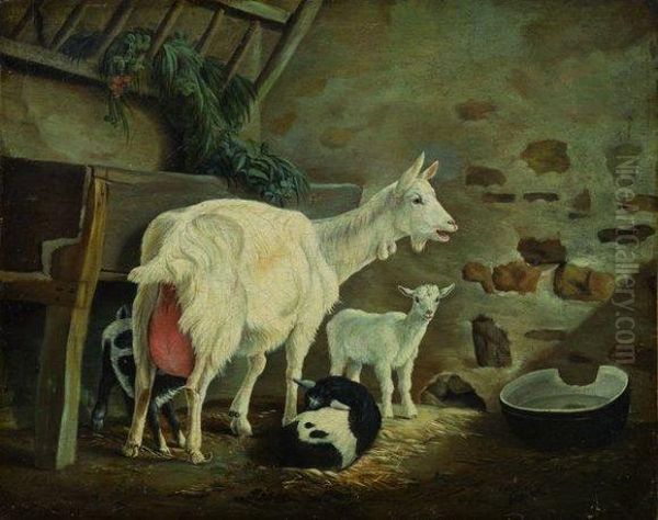 La Chevre Et Ses Chevreaux Oil Painting by Jean-Baptiste Huet I