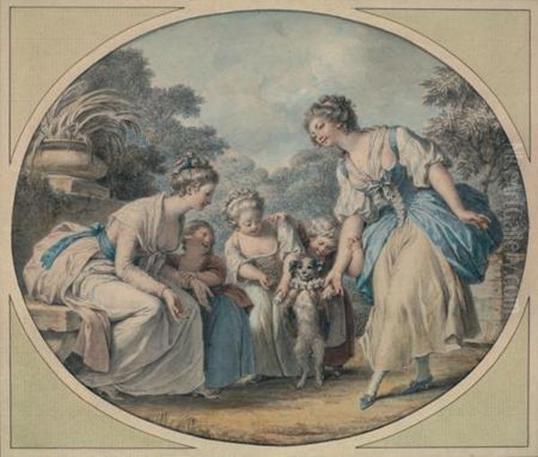 Femmes Et Enfants Autour D'un Chien Dresse Oil Painting by Jean-Baptiste Huet I