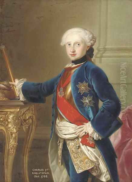 Portrait of King Charles III of Spain (1716-88), three-quarter-length, in a blue velvet coat, with the Order of the Golden Fleece, standing by a table Oil Painting by Anton Raphael Mengs