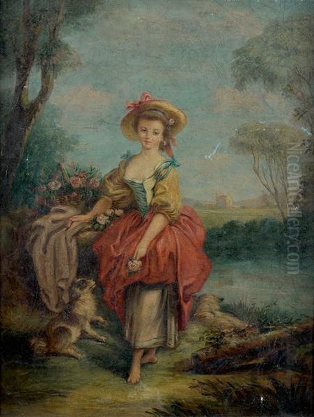 Jeune Fille Tenant Une Rose Pres D'une Riviere Oil Painting by Jean-Baptiste Huet I