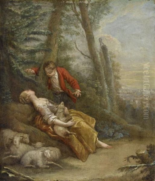 A Young Man Discovering A Sleeping Shepherdess Oil Painting by Jean-Baptiste Huet I